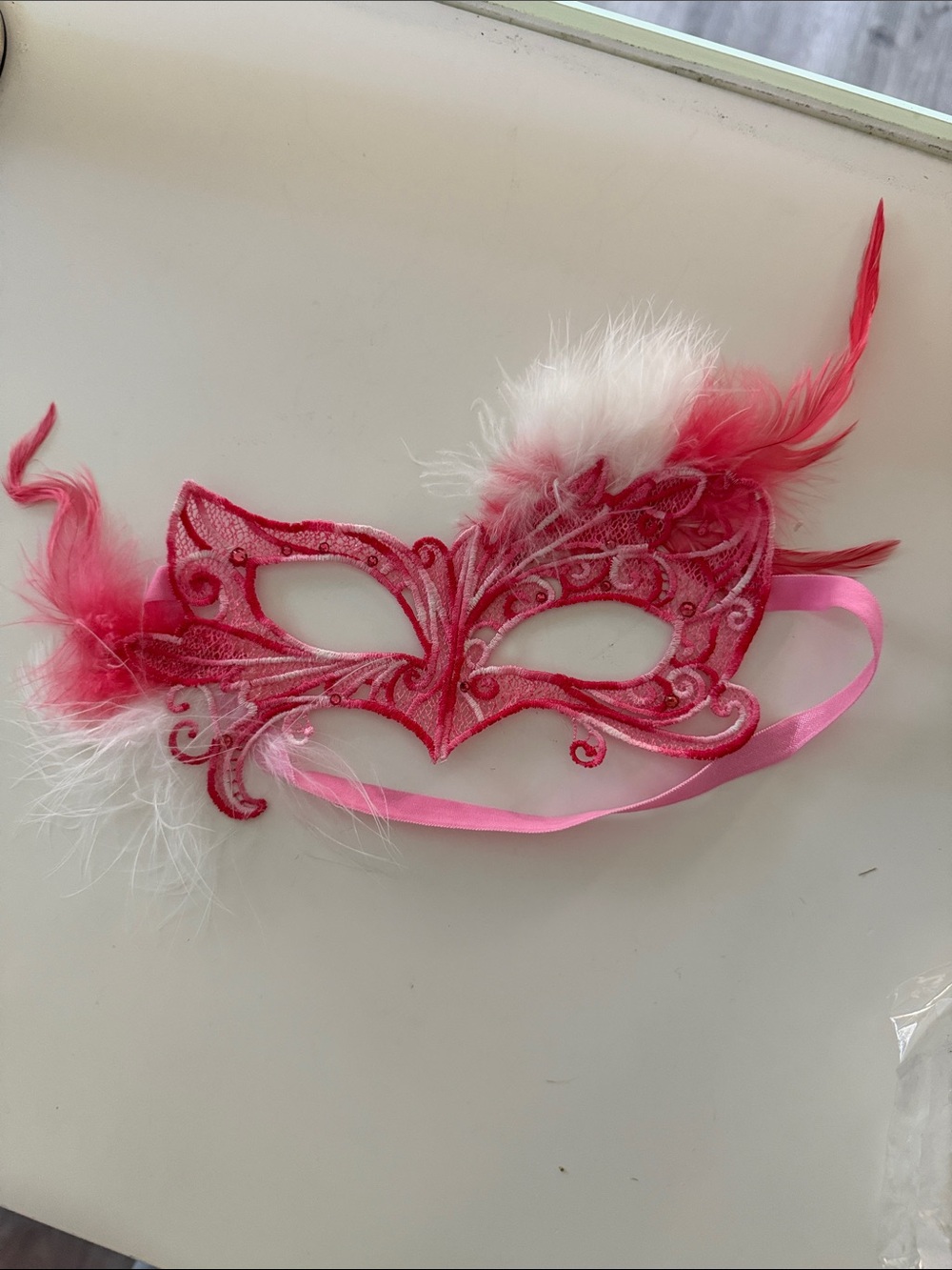 Handmade Swarovski Crystal Feather Masquerade Mask PINK AND WHITE